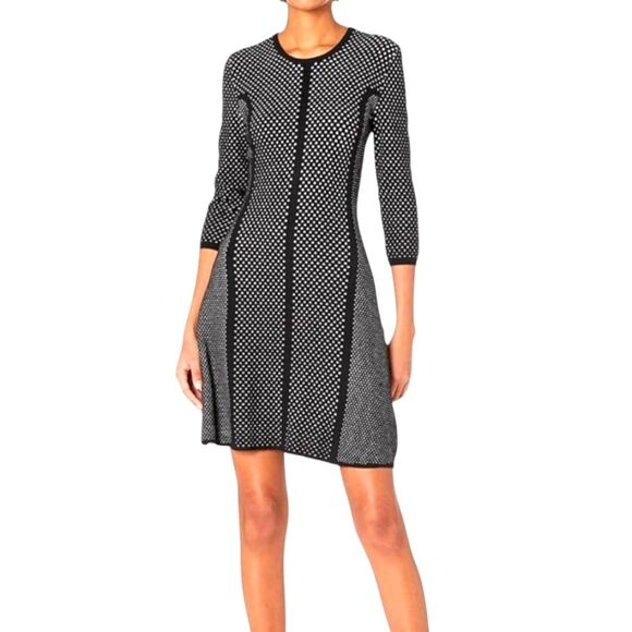 Rachel Roy Jacquard Sweater Dress 3/4 Sleeve‎ Fit Flare Short Black White Dot M - Picture 1 of 15